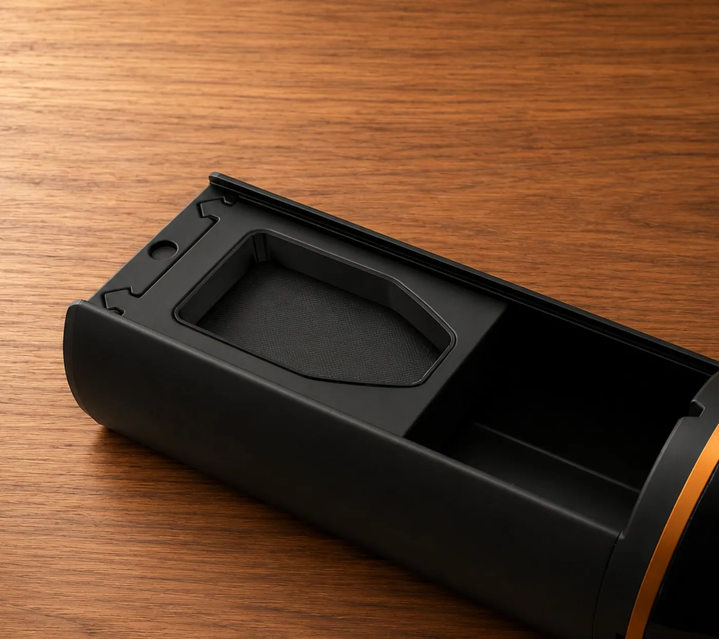 Luke’s compartment and hardware wallet insert on a wooden surface